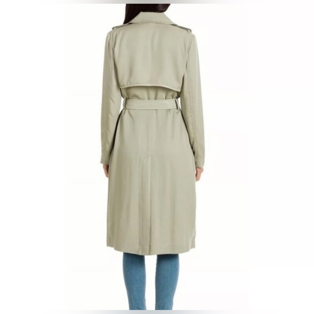 Badgley Mischka Faux Leather Trim Angelina Long Trench Coat in Sage Light Green - Picture 3 of 9